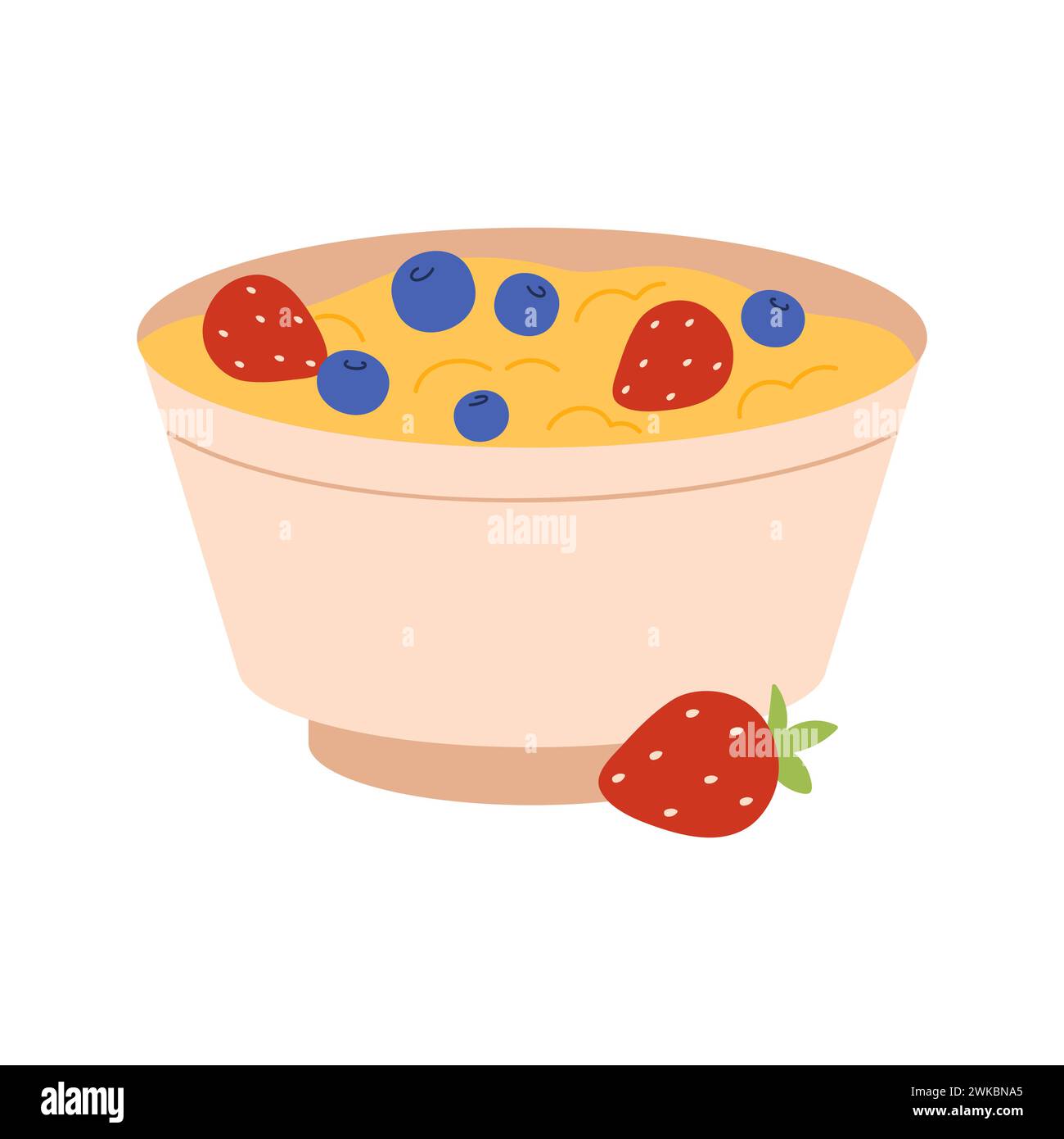 Cibo sano per la colazione sulla ciotola, porridge di cereali con illustrazione vettoriale di mirtilli e fragole Illustrazione Vettoriale