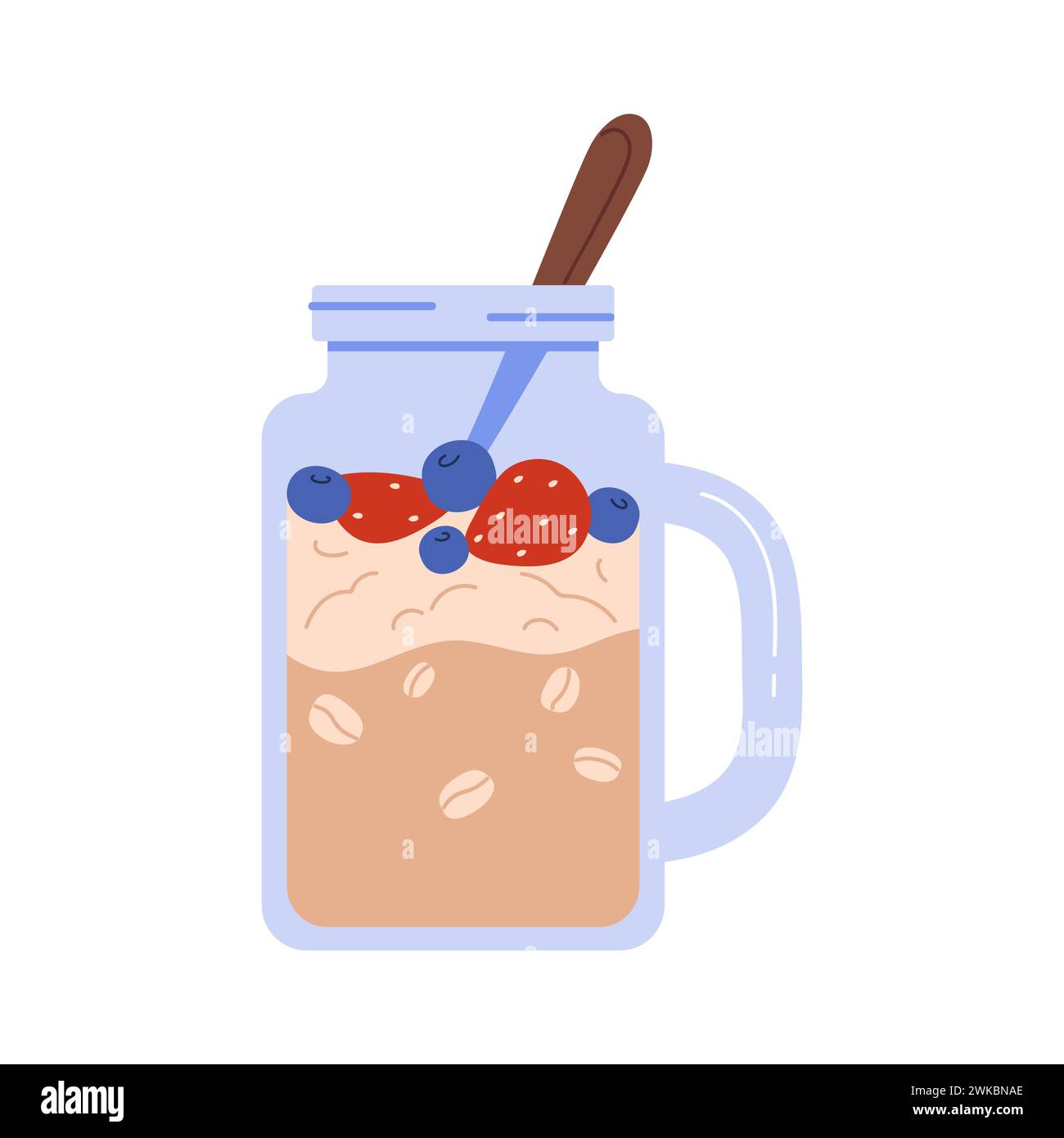 Granola di farina d'avena con mirtilli e fragole, tazza di vetro con cucchiaio e illustrazione del vettore del cibo mattutino Illustrazione Vettoriale