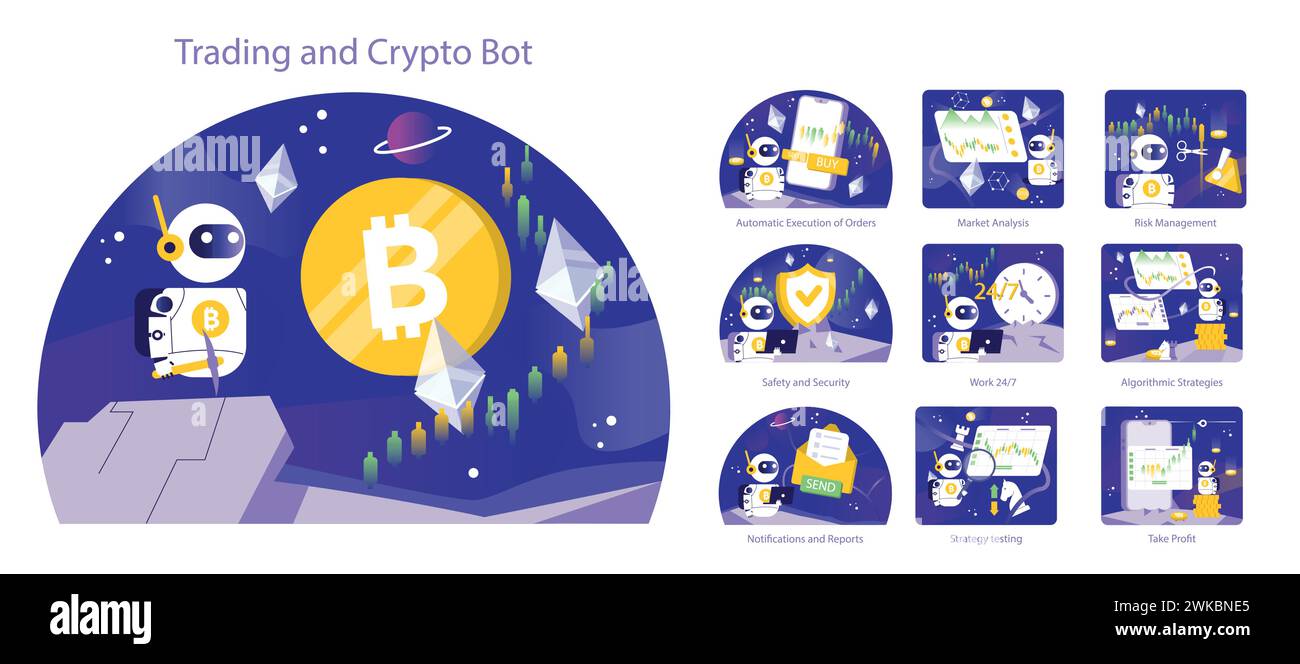 Trading e Crypto Bot Set. Illustrazioni vettoriali complete che illustrano la tecnologia di trading automatizzata, l'analisi di mercato e l'esecuzione della strategia. Illustrazione vettoriale. Illustrazione Vettoriale