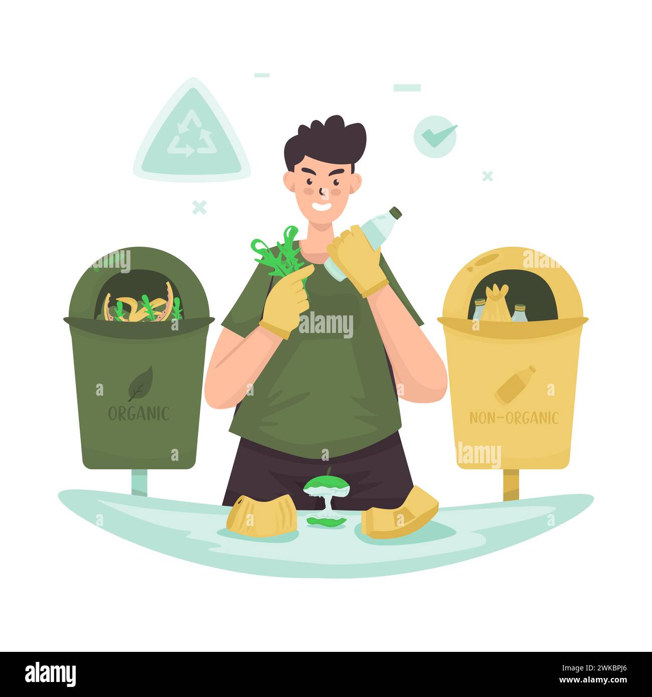 Ordinamento dei rifiuti separando l'illustrazione del vettore piatto organico e non organico Illustrazione Vettoriale