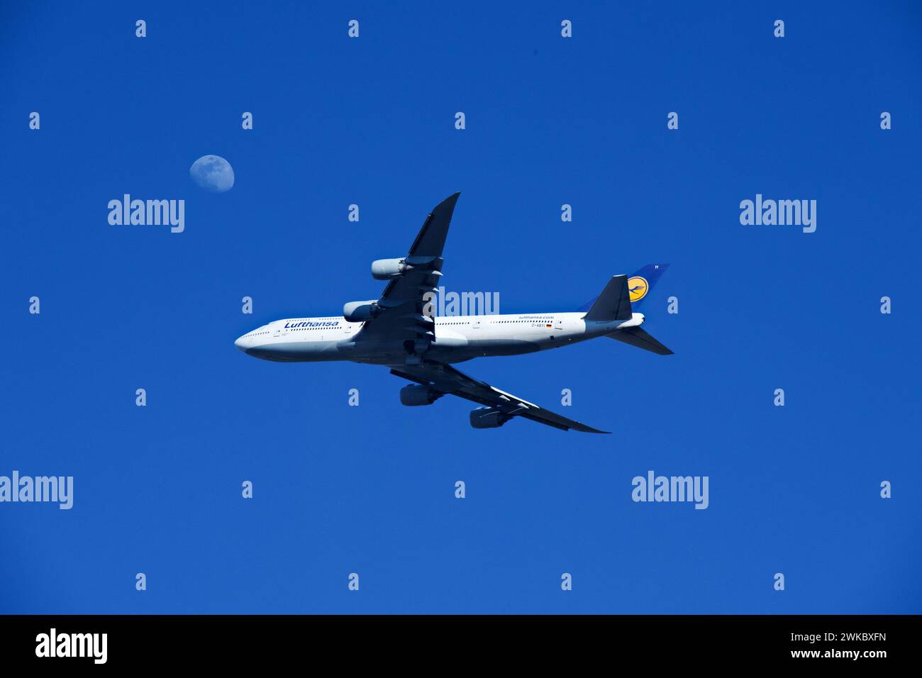 Chantilly, Virginia, Stati Uniti d'America - 19 febbraio 2024: Un aereo passeggeri Lufthansa Boeing 747-830 vola oltre la luna mentre si avvicina all'aeroporto di Dulles. Foto Stock