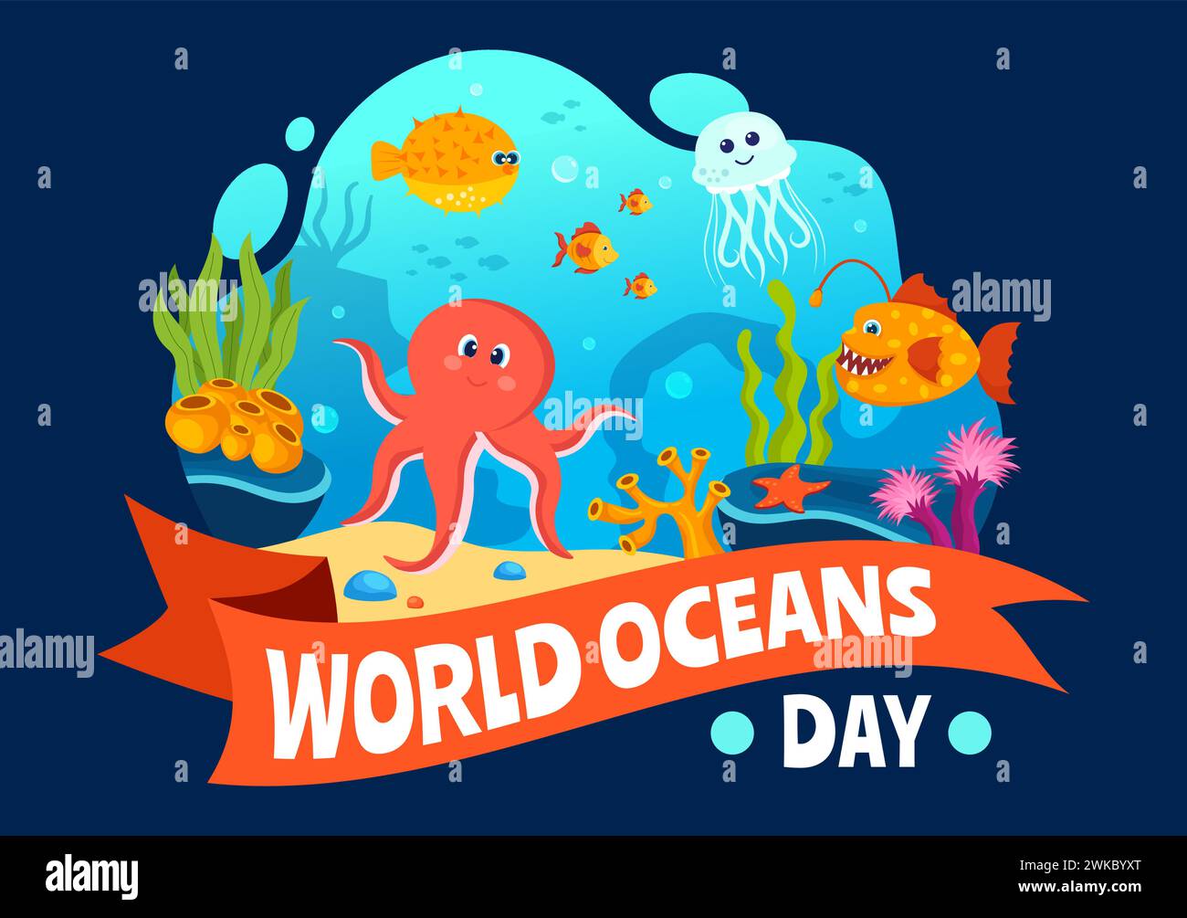 Illustrazione vettoriale World Oceans Day per proteggere e conservare oceani, pesci, ecosistemi o piante marine in Flat Cartoon background Design Illustrazione Vettoriale