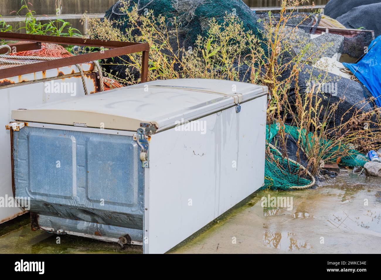 Vecchio frigorifero abbandonato adagiato su cemento bagnato di fronte a erbacce e altri detriti nella mattina piovosa in Corea del Sud Foto Stock
