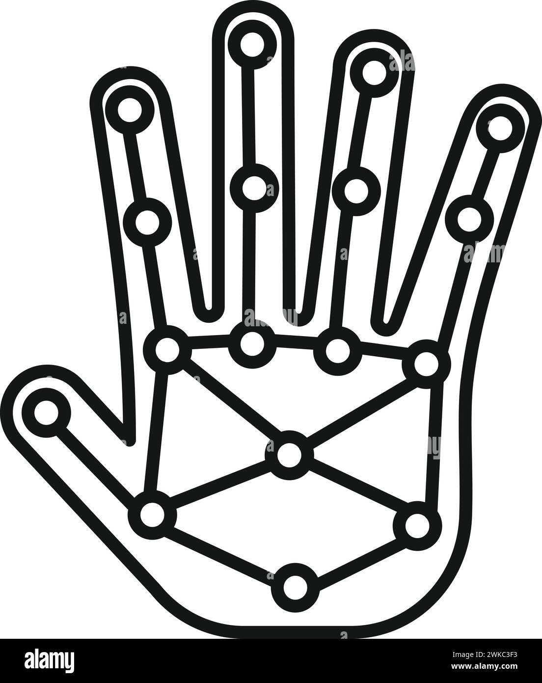Vettore contorno dell'icona di scansione biometrica del palmo. Scheda di sistema. Code face Connect Illustrazione Vettoriale
