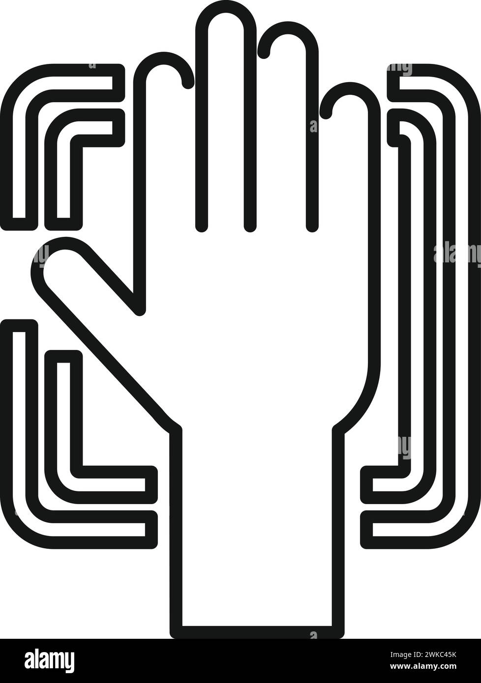 Scansione del vettore del contorno dell'icona della mano del palmo. Identità automatica. Esclusivo trattamento viso Illustrazione Vettoriale