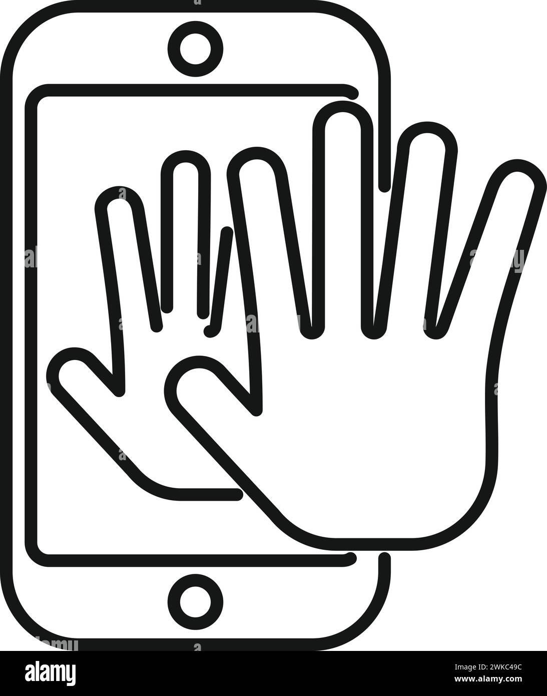 Vettore contorno icona di scansione del telefono Palm. Sistema di sicurezza. Codice audio Illustrazione Vettoriale