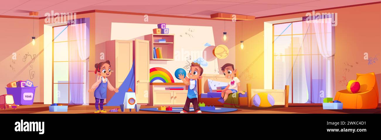 Bambini birichini che giocano in una stanza disordinata. Illustrazione vettoriale di una camera da letto non ordinata con giocattoli sparsi sul pavimento, macchie e vernice sulle pareti, ragazzi e. Illustrazione Vettoriale