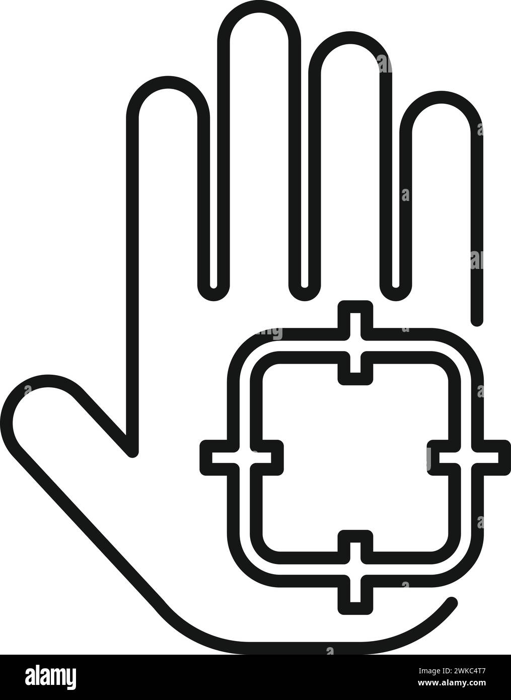 Vettore di contorno dell'icona di scansione del palmo di destinazione. Biografia intelligente di sicurezza. Stampa registrazione Illustrazione Vettoriale