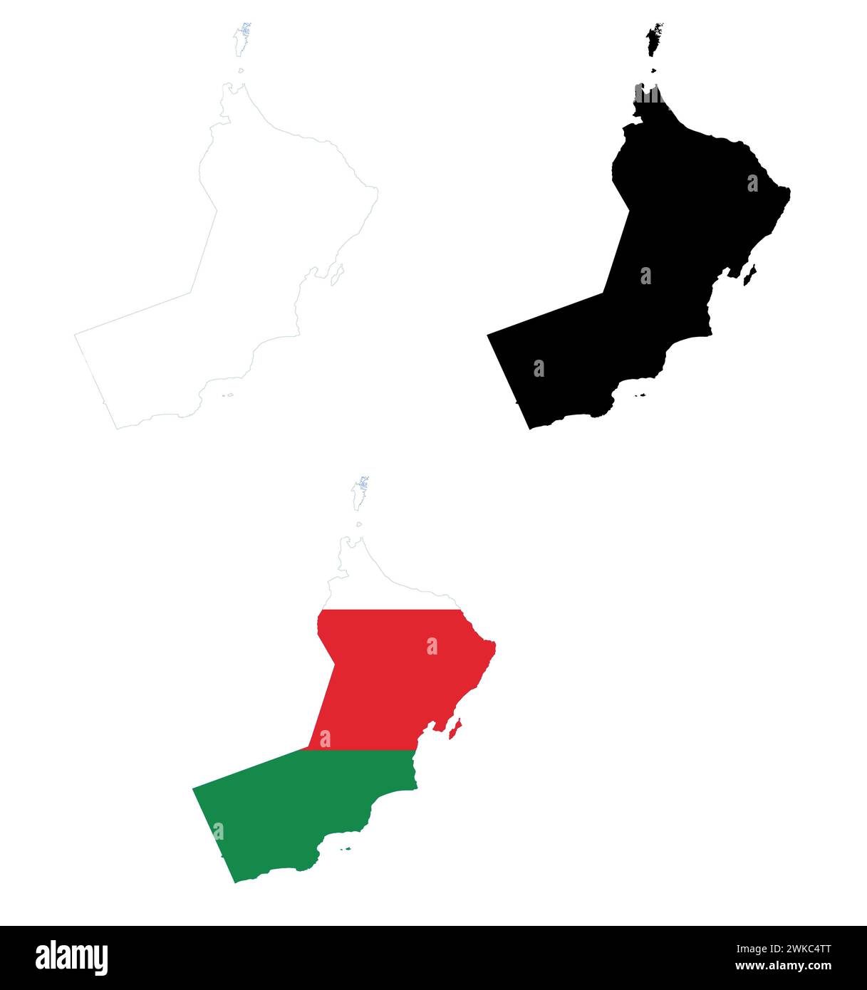 Mappa dell'icona Oman. Cartello Oman Map. Simbolo della bandiera dell'Oman. Descrivi l'Oman. stile piatto. Foto Stock