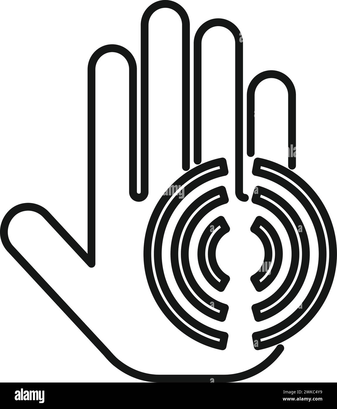 Vettore di contorno dell'icona di scansione del palmo circolare. Stampa ID dati. Firma di scansione Illustrazione Vettoriale