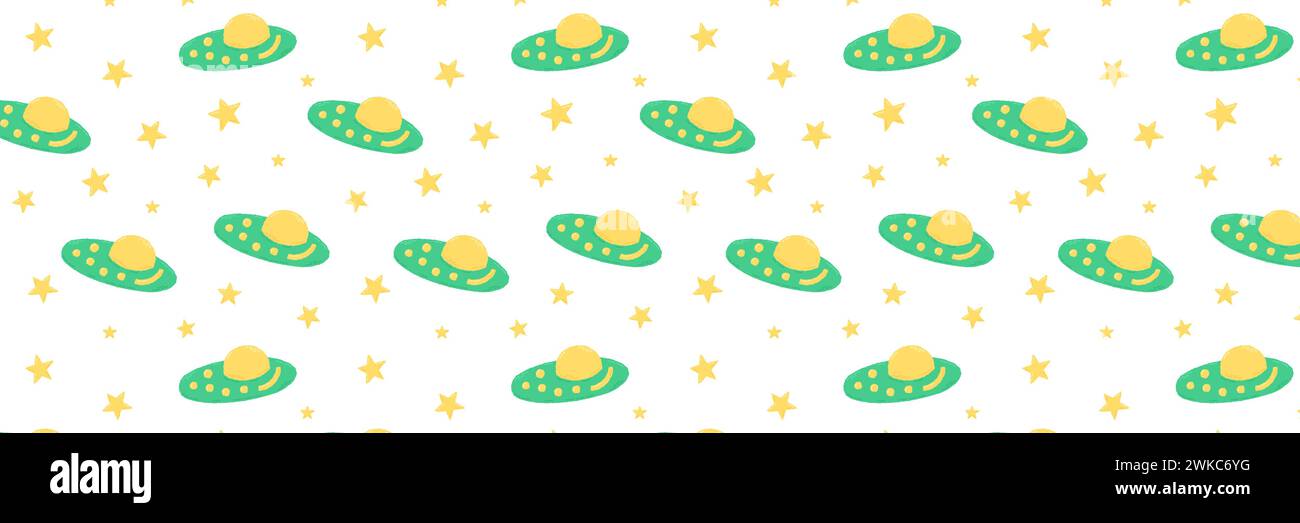 Baby cute motivo senza cuciture con elementi spaziali su sfondo bianco. Stile cartone animato piatto disegnato a mano. Illustrazione vettoriale Illustrazione Vettoriale