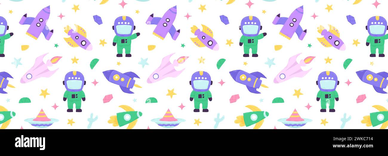 Baby cute motivo senza cuciture con elementi spaziali su sfondo bianco. Stile cartone animato piatto disegnato a mano. Illustrazione vettoriale Illustrazione Vettoriale