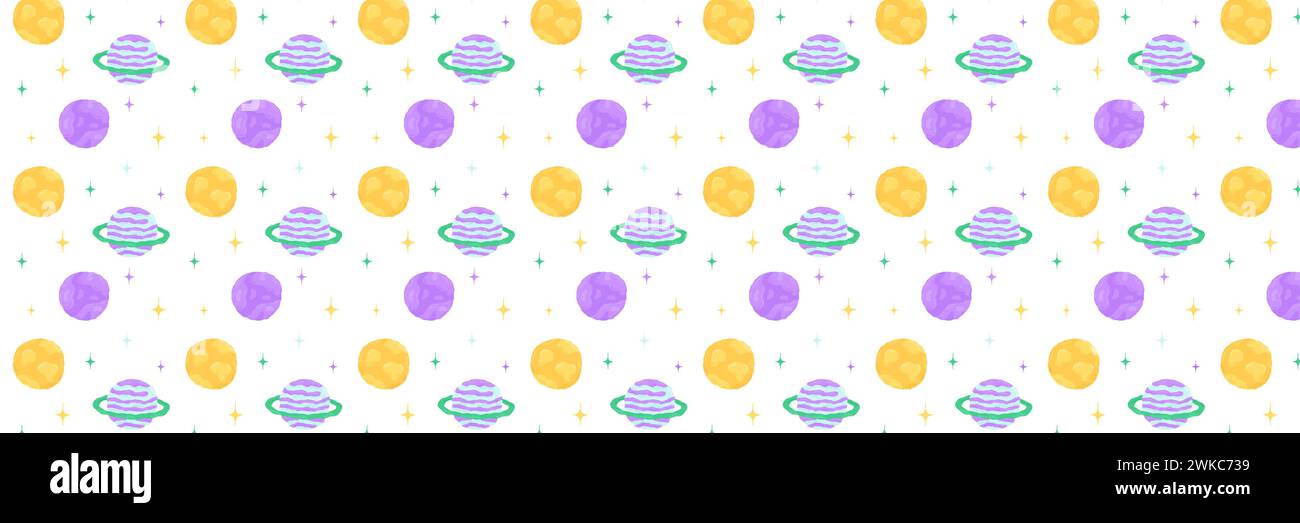 Baby cute motivo senza cuciture con elementi spaziali su sfondo bianco. Stile cartone animato piatto disegnato a mano. Illustrazione vettoriale Illustrazione Vettoriale