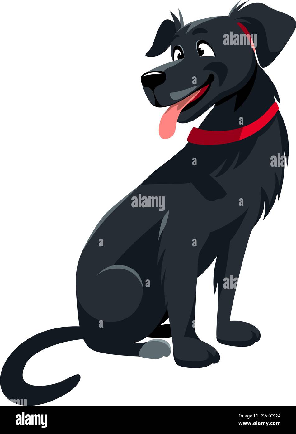 Grande cane nero felice e simpatico, con la lingua fuori, colletto rosso sul collo. Illustrazione vettoriale piatta Illustrazione Vettoriale