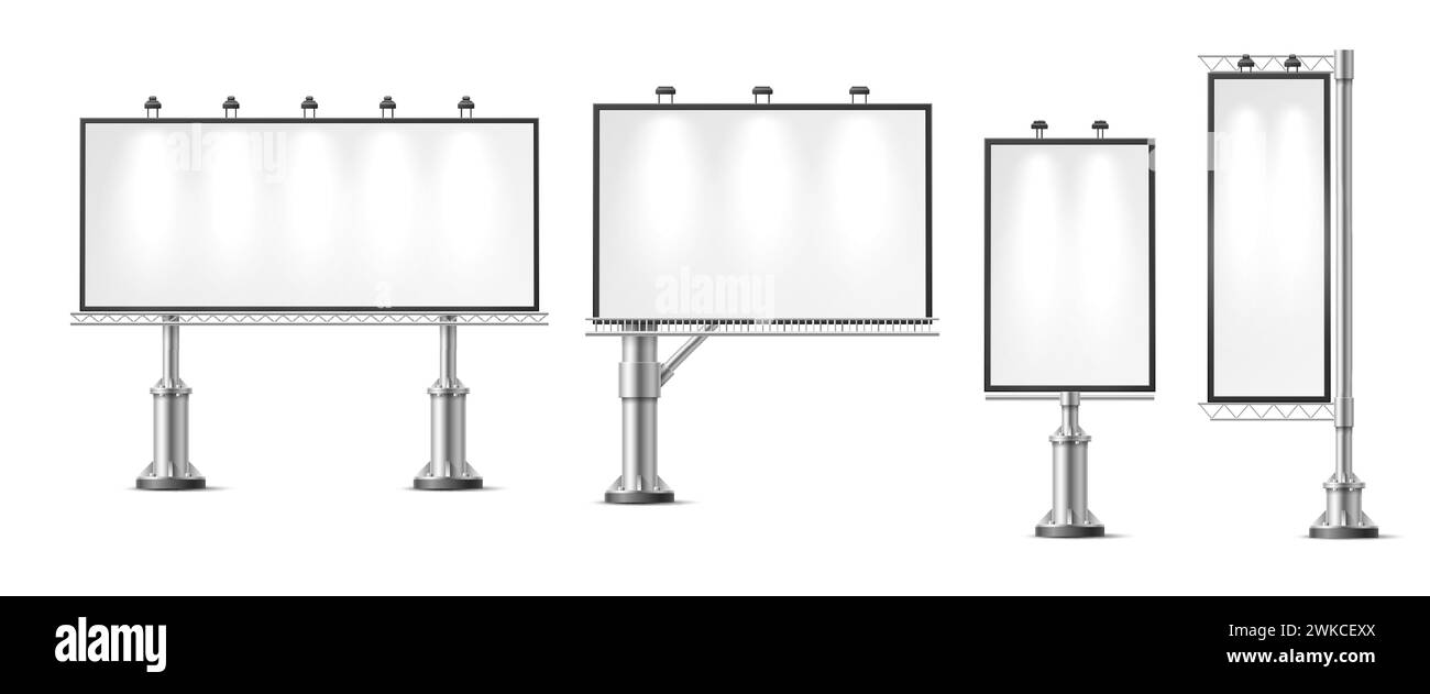 Cartelloni pubblicitari per esterni, pannelli multimediali stradali isolano i modelli vettoriali 3d, mostrando i concetti pubblicitari o di design su display illuminati su larga scala per presentazioni realistiche e scopi di valutazione Illustrazione Vettoriale