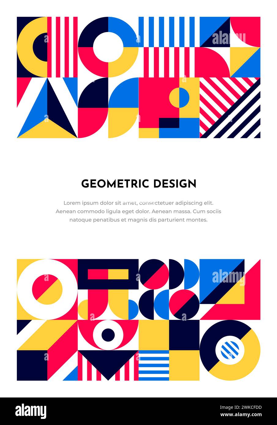 Banner astratto con sfondo geometrico di forme e forme a colori vettoriali. Blu, giallo e rosa bordi di composizione grafica minimale del moderno modello per poster con quadrati, linee e cerchi Illustrazione Vettoriale
