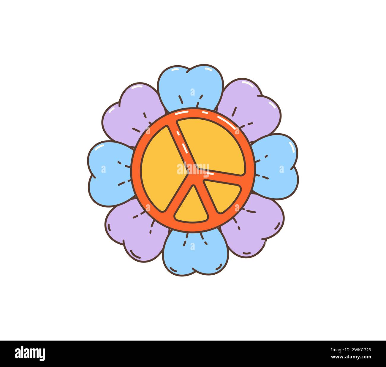 Simbolo di pace hippie retrò Cartoon. Il vivace e variopinto fiore psichedelico vettoriale isolato con emblema della pace racchiude l'essenza della cultura hippie degli anni '60 e '70 e del movimento pacifista Illustrazione Vettoriale