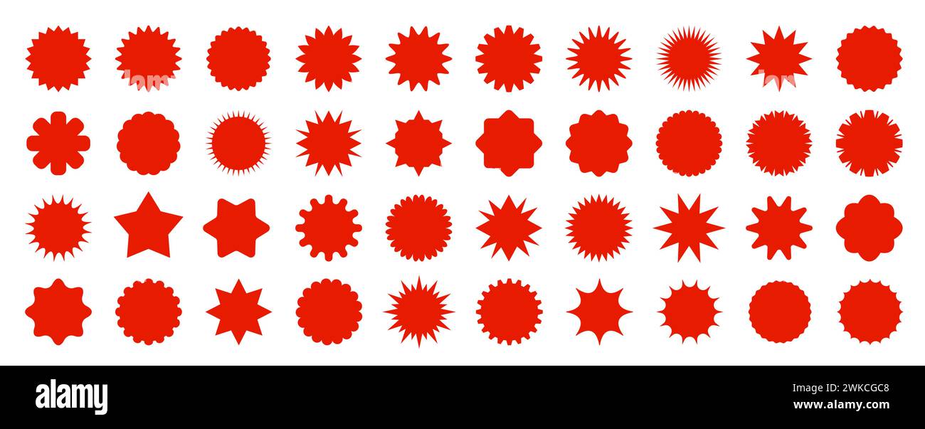 Etichette, adesivi e sigilli con prezzi di vendita straburst rossi. Set vettoriale isolato di rosette e scoppi solari, didascalie o schizzi, timbri, etichette e badge. Patch circolari con bordi frastagliati per la pubblicità promozionale Illustrazione Vettoriale