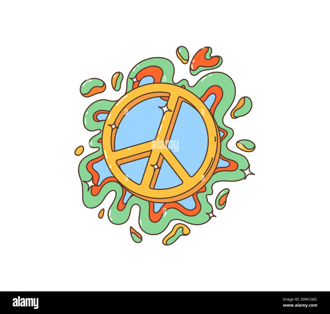 Simbolo di pace hippie retrò Cartoon. Emblema vettoriale isolato, emblema iconico, che simboleggia l'unità, l'armonia, l'amore e la non violenza, incarna le idee del movimento hippy controculturale degli anni '1960 e '70 Illustrazione Vettoriale