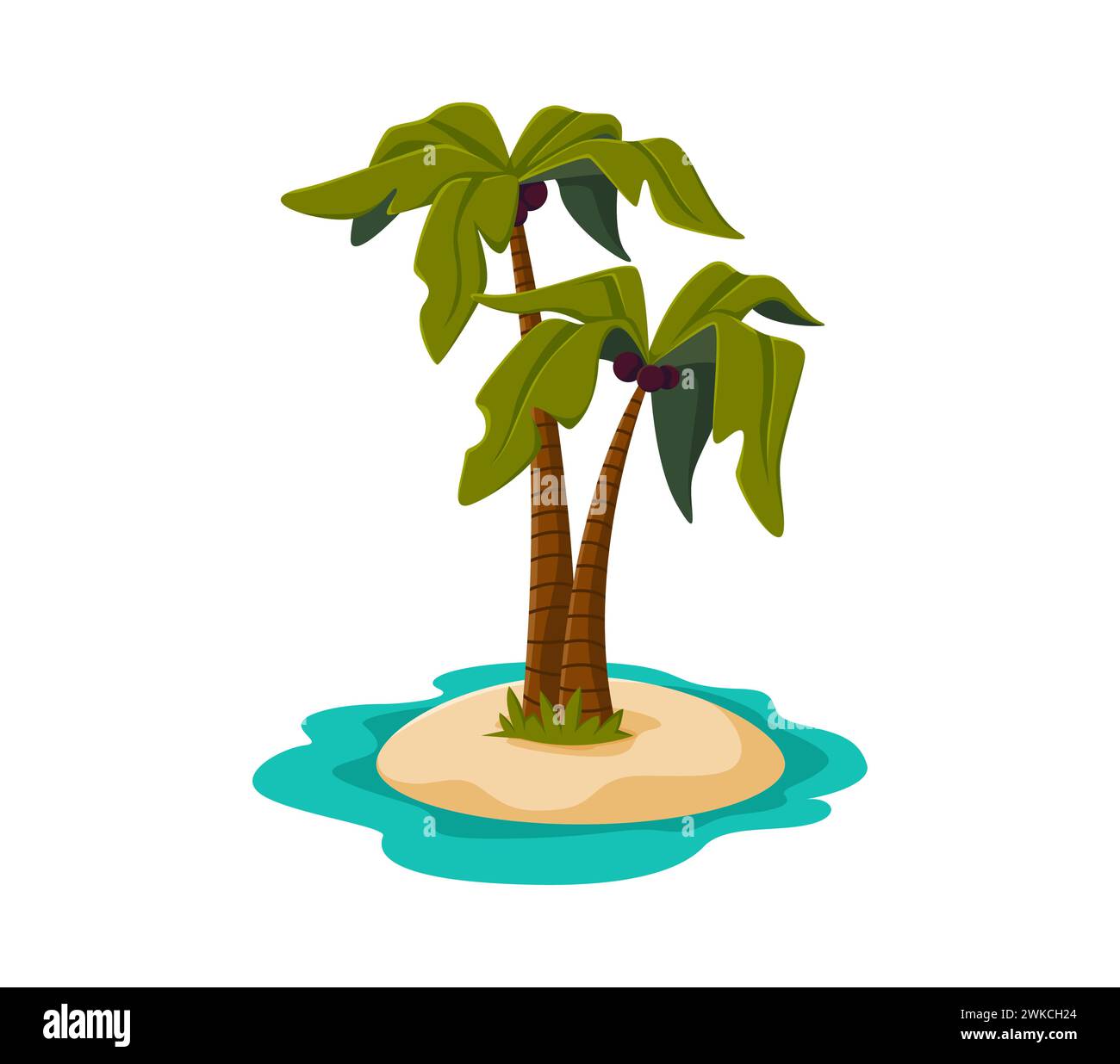 Palma tropicale cartoni animati sull'isola in mare. Una palma vettoriale isolata sorge su una piccola terra sabbiosa, circondata da acque cristalline dell'oceano, paradiso epitomizzante, perfetto per una vacanza da sogno Illustrazione Vettoriale