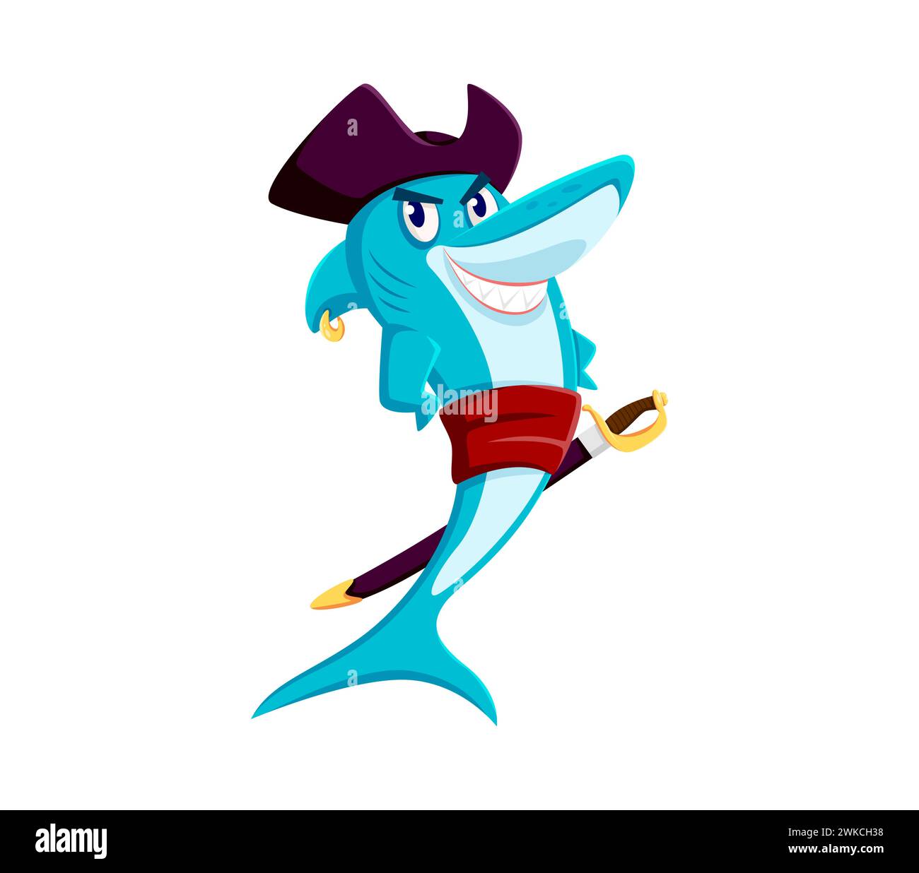 Cartoni animati squalo marino pirata corsaro personaggio animale con grin toothy, cappello tricorn e cutlass. Predatore marino vettoriale isolato, carismatico personaggio subacqueo di filibusto pronto per avventure oceaniche Illustrazione Vettoriale