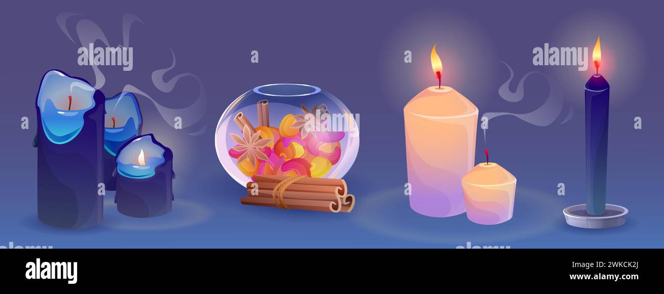 Candele aromatiche romantiche blu e diffusore di profumo. Set illustrativo vettoriale cartoni animati di colonne a lume di candela accese e spente con fumo per aromaterapia e contenitore con fragranze e bastoncini. Illustrazione Vettoriale