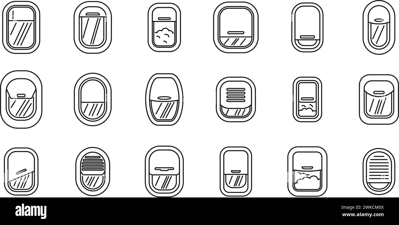 Le icone della finestra dell'aereo impostano il vettore del contorno. Volo aereo. Vacanze aeree Illustrazione Vettoriale