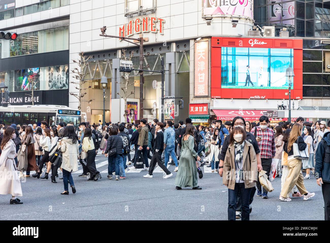 Città di Shibuya, famosa traversata di Shibuya, traversata dei pellicani, in prima serata, folle sulla strada, Tokyo, Giappone, Asia, 2023 Foto Stock