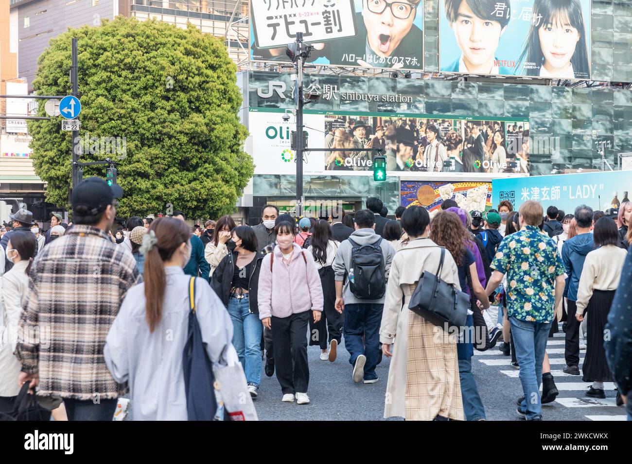 Città di Shibuya, famosa traversata di Shibuya, traversata dei pellicani, in prima serata, folle sulla strada, Tokyo, Giappone, Asia, 2023 Foto Stock