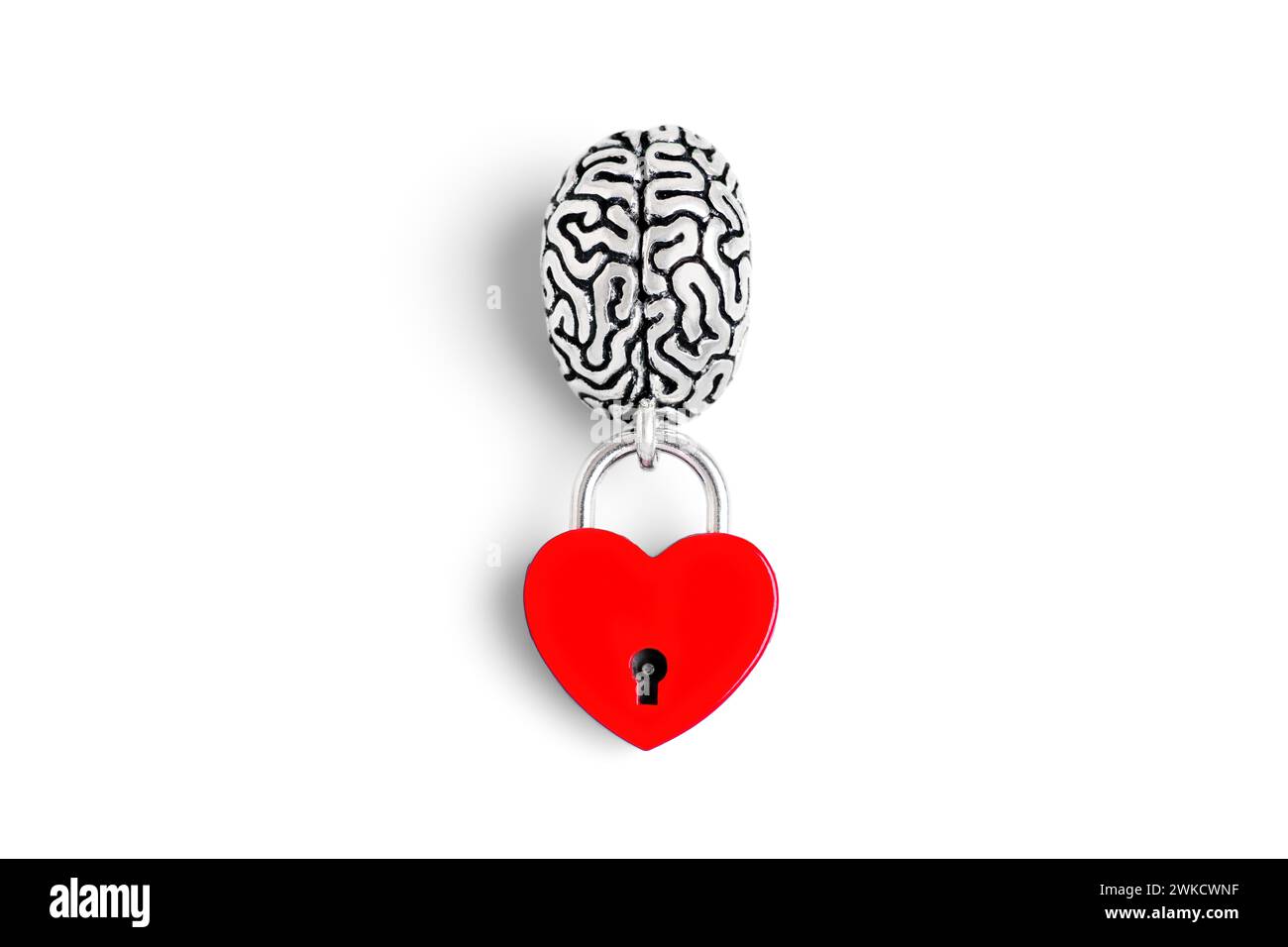 Il modello del cervello umano è collegato a un lucchetto rosso a forma di cuore isolato sul bianco. Concetto di fusione cuore-mente. Foto Stock