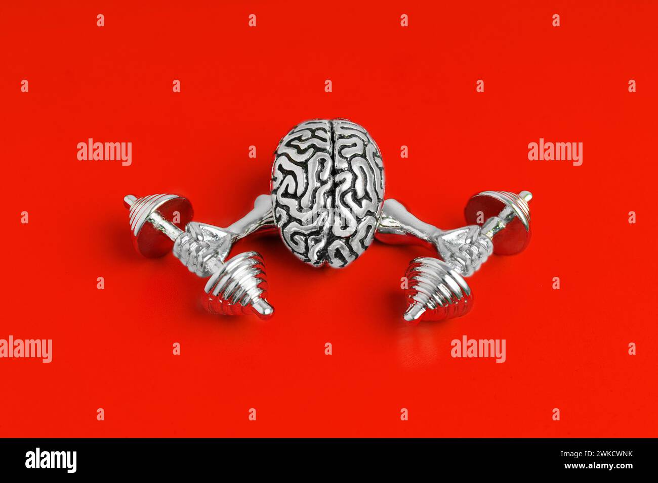 Brillante modello d'acciaio del cervello umano che flette i suoi muscoli cognitivi isolati su sfondo rosso. Foto Stock