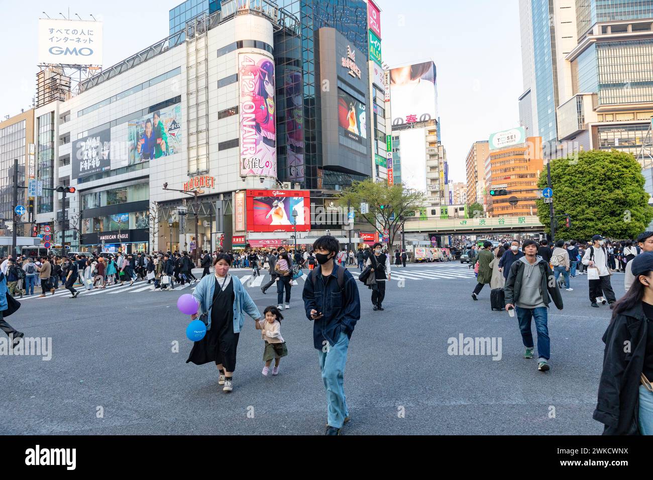 Città di Shibuya, famosa traversata di Shibuya, traversata dei pellicani, in prima serata, folle sulla strada, Tokyo, Giappone, Asia, 2023 Foto Stock