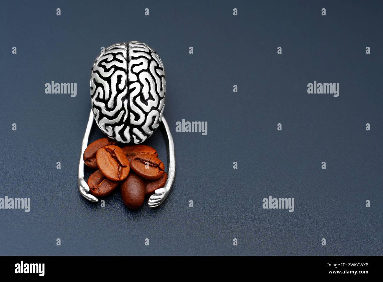 Modello anatomico del cervello umano che raccoglie teneremente chicchi di caffè tostati nelle sue mani. Concetto di stimolazione mentale e dipendenza. Foto Stock