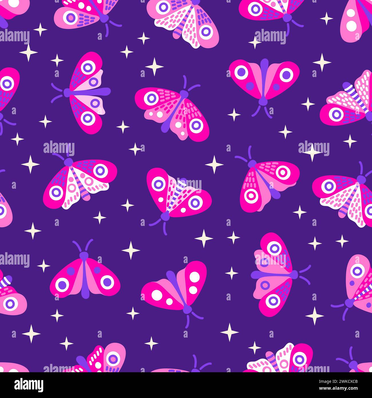 Motivo vettoriale senza cuciture di falena viola al neon di notte. Farfalle stilizzate rosa neon e viola su sfondo scuro Illustrazione Vettoriale