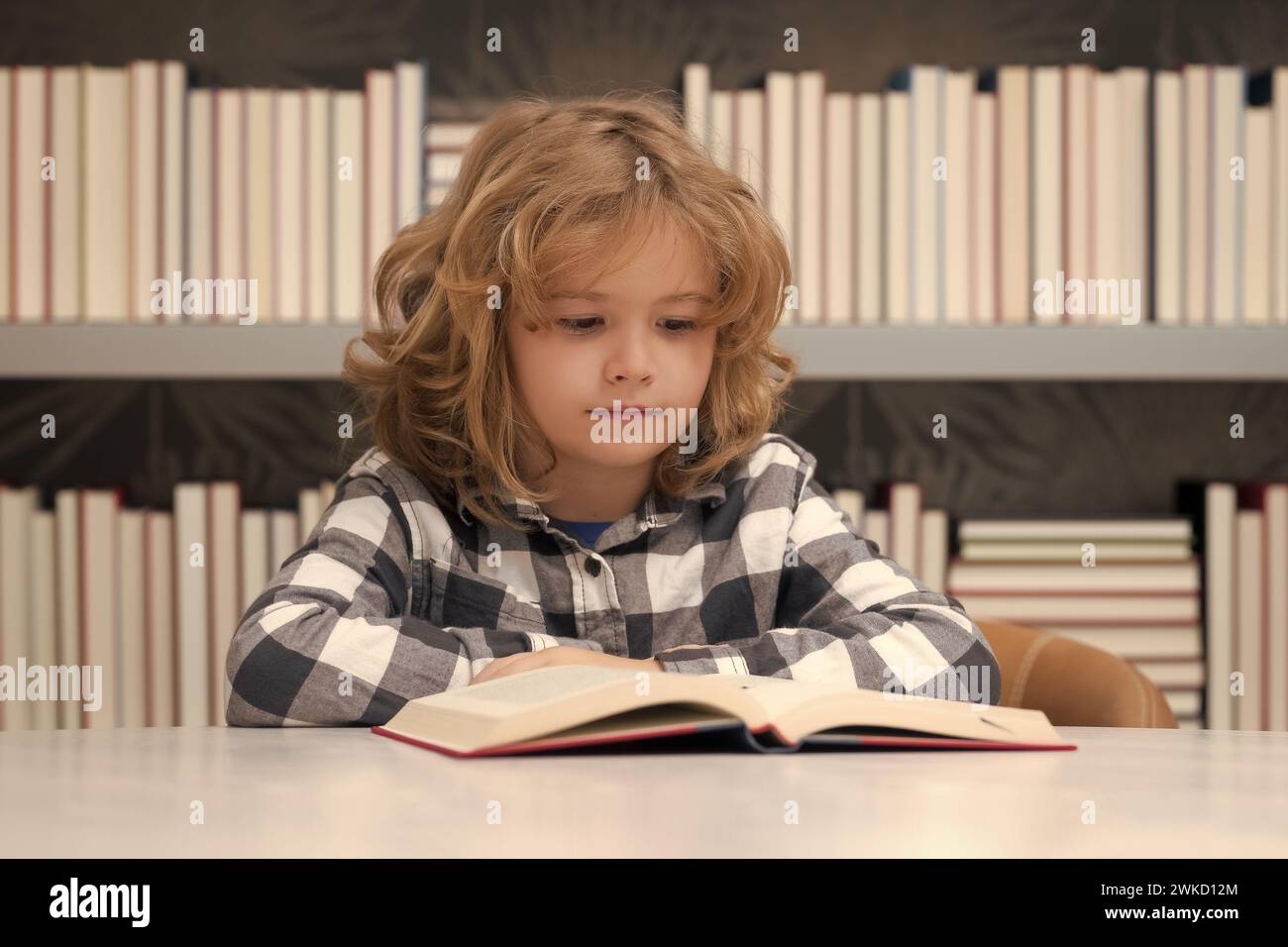 Istruzione e concetto scolastico. Ritratto di un ragazzo di scuola che legge un libro in biblioteca. Sviluppo bambini, imparare a leggere. Bambino seduto in una libreria, leggi Foto Stock