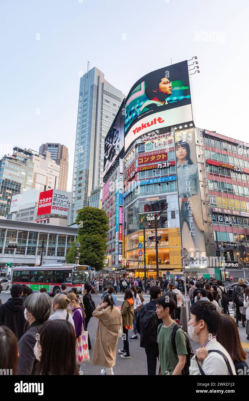 Città di Shibuya, famosa traversata di Shibuya, traversata dei pellicani, in prima serata, folle sulla strada, Tokyo, Giappone, Asia, 2023 Foto Stock