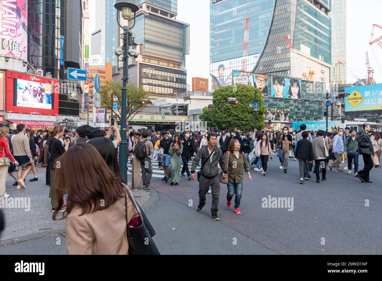 Città di Shibuya, famosa traversata di Shibuya, traversata dei pellicani, in prima serata, folle sulla strada, Tokyo, Giappone, Asia, 2023 Foto Stock