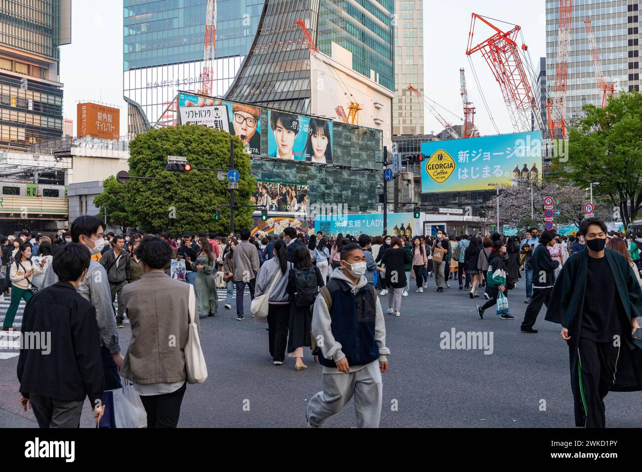 Città di Shibuya, famosa traversata di Shibuya, traversata dei pellicani, in prima serata, folle sulla strada, Tokyo, Giappone, Asia, 2023 Foto Stock