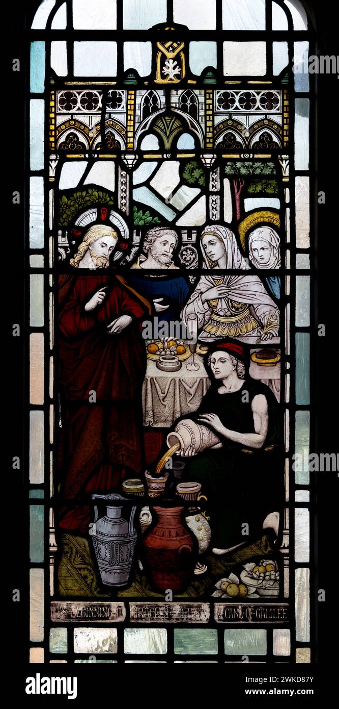 Il matrimonio al Cana vetrate colorate, St. Augustine's Church, Edgbaston, Birmingham, Regno Unito Foto Stock