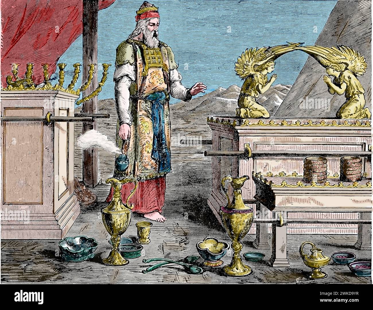 Ebraismo. Casa del Signore. L'Arca e i mobili del Tempio (altare, tavolo...). Incisione. Foto Stock