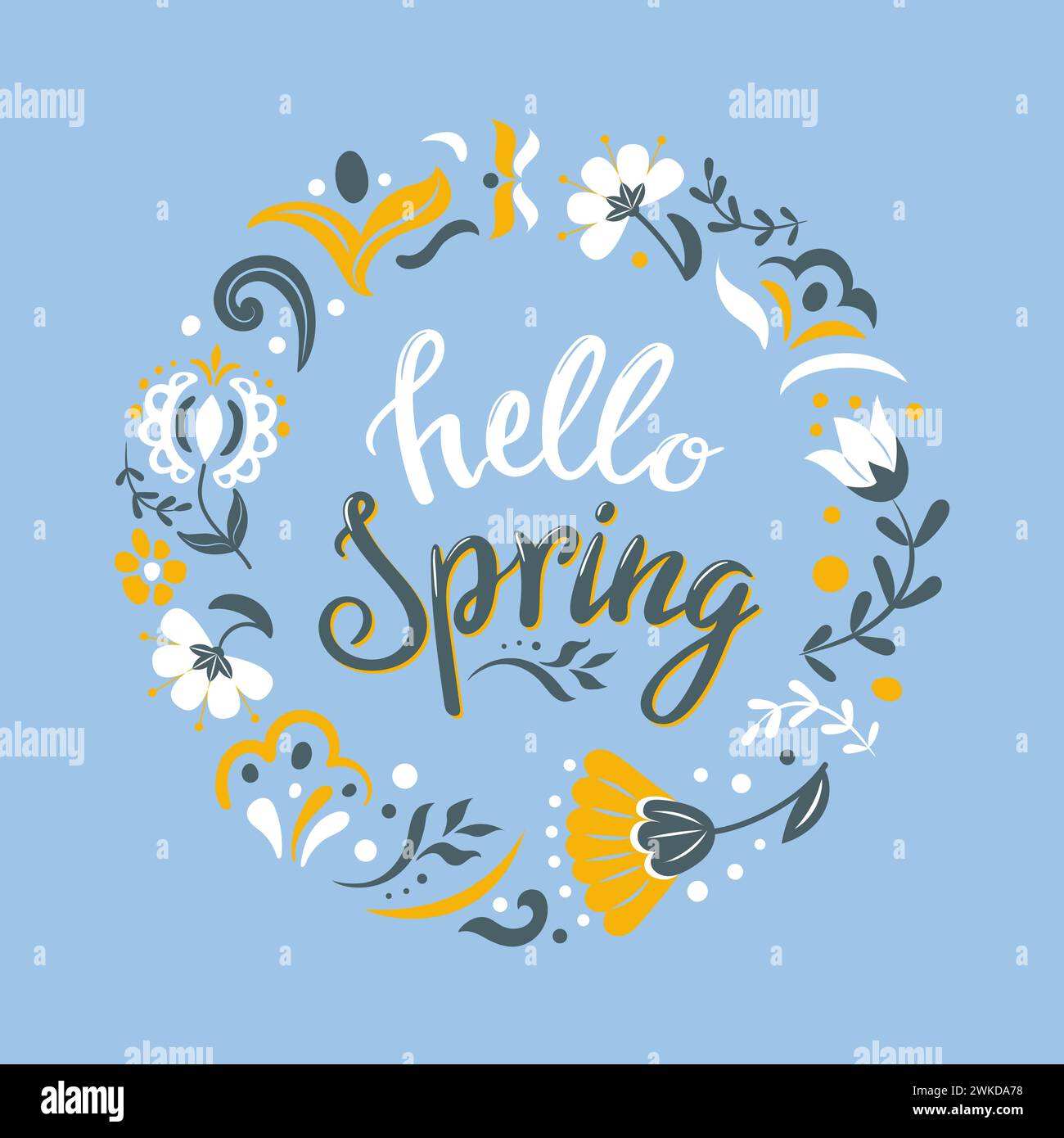 Ciao primavera. Ghirlanda di fiori popolari messicani o slavi. Cornice rotonda con motivo botanico tradizionale. Banner vettoriale. Scritte vintage per pubblicità Illustrazione Vettoriale