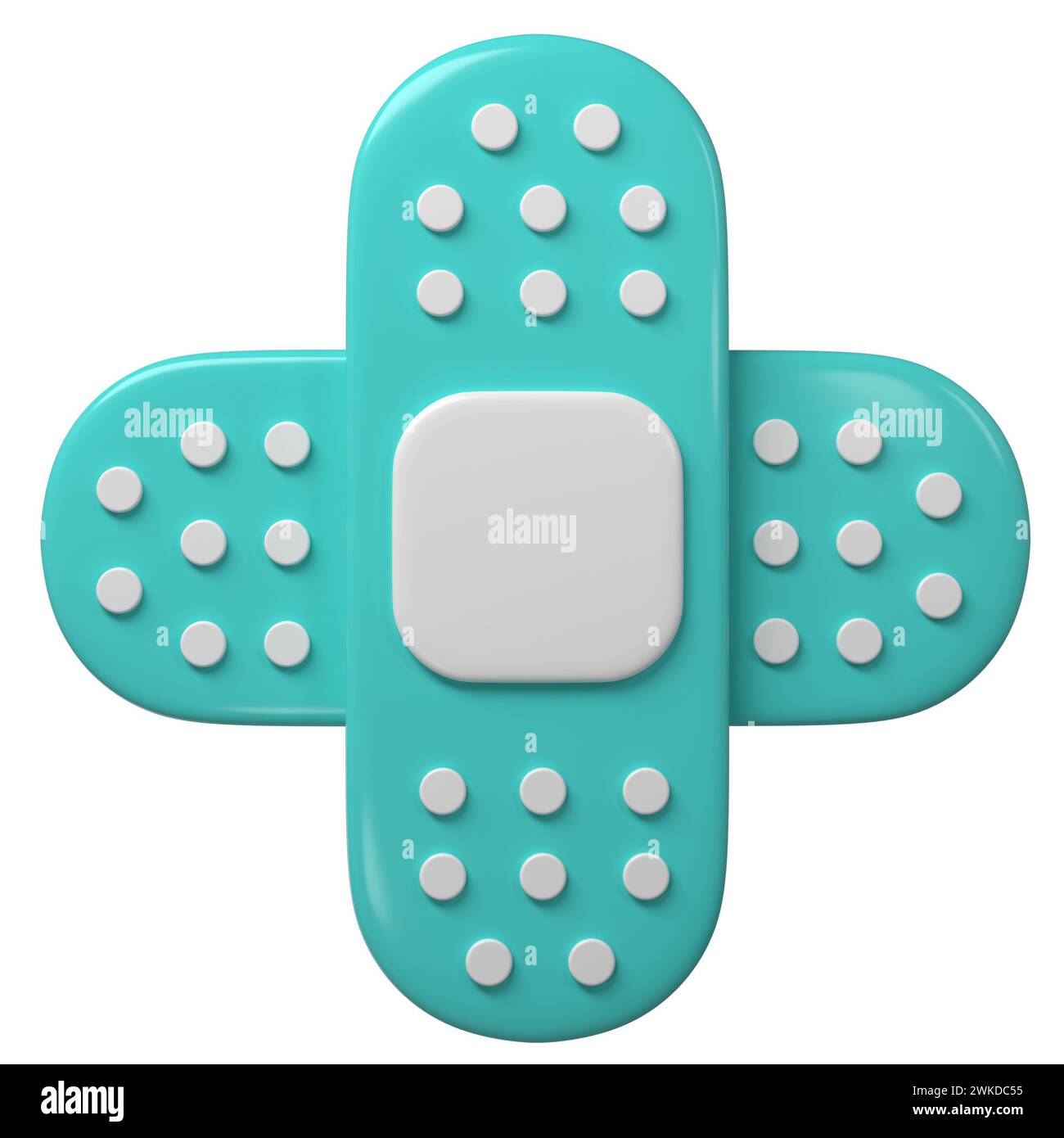 icona 3d medical due intonaci incrociati. Rendering di un'illustrazione di una benda adesiva. Toppa di recupero mediana color turchese e bianco in un cartoni animati cartoni animati Foto Stock