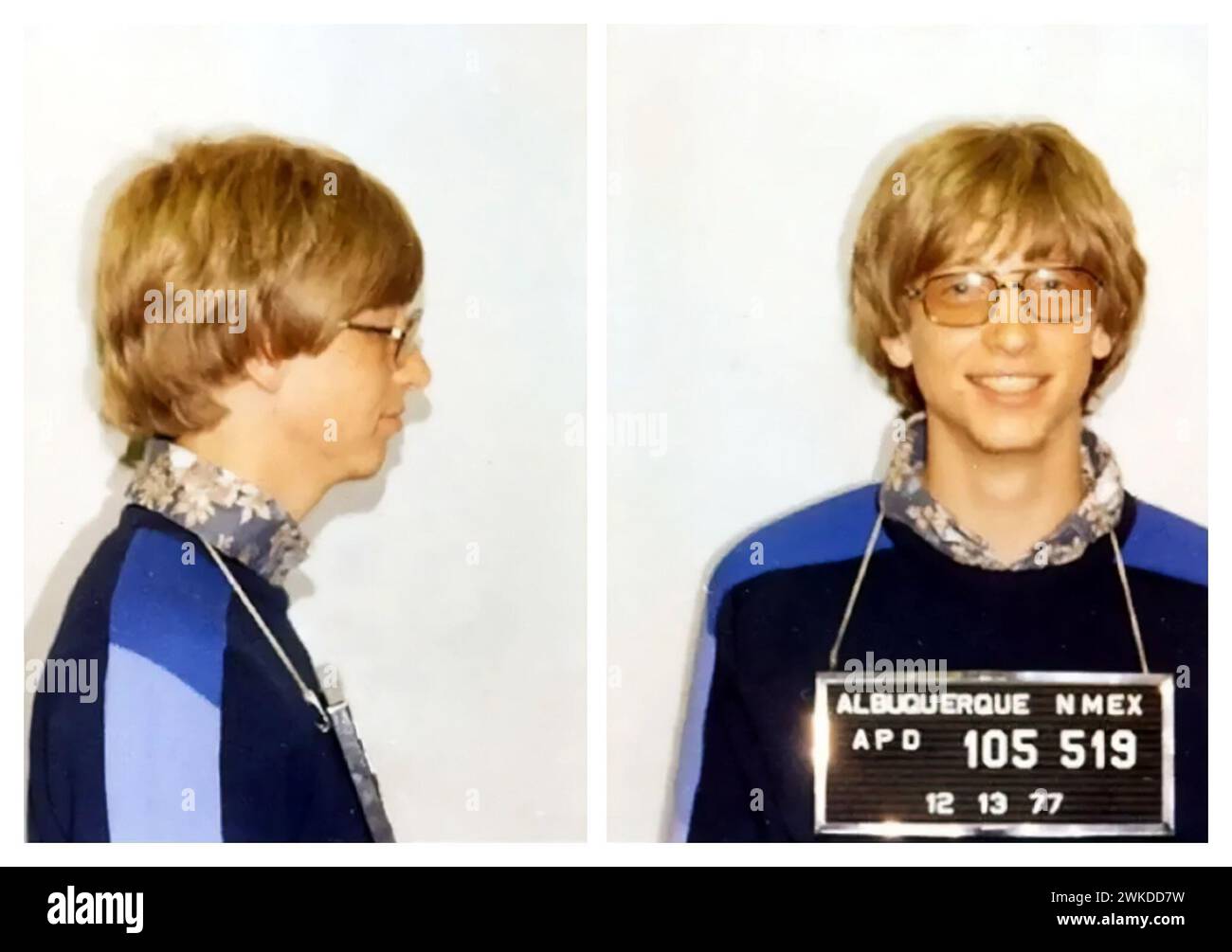 Bill Gates foto di tazza, 1977 - foto della polizia di Albuquerque, New Mexico, dopo che Bill Gates ha ricevuto un biglietto per l'eccesso di velocità e ha dimenticato la sua patente a casa Foto Stock