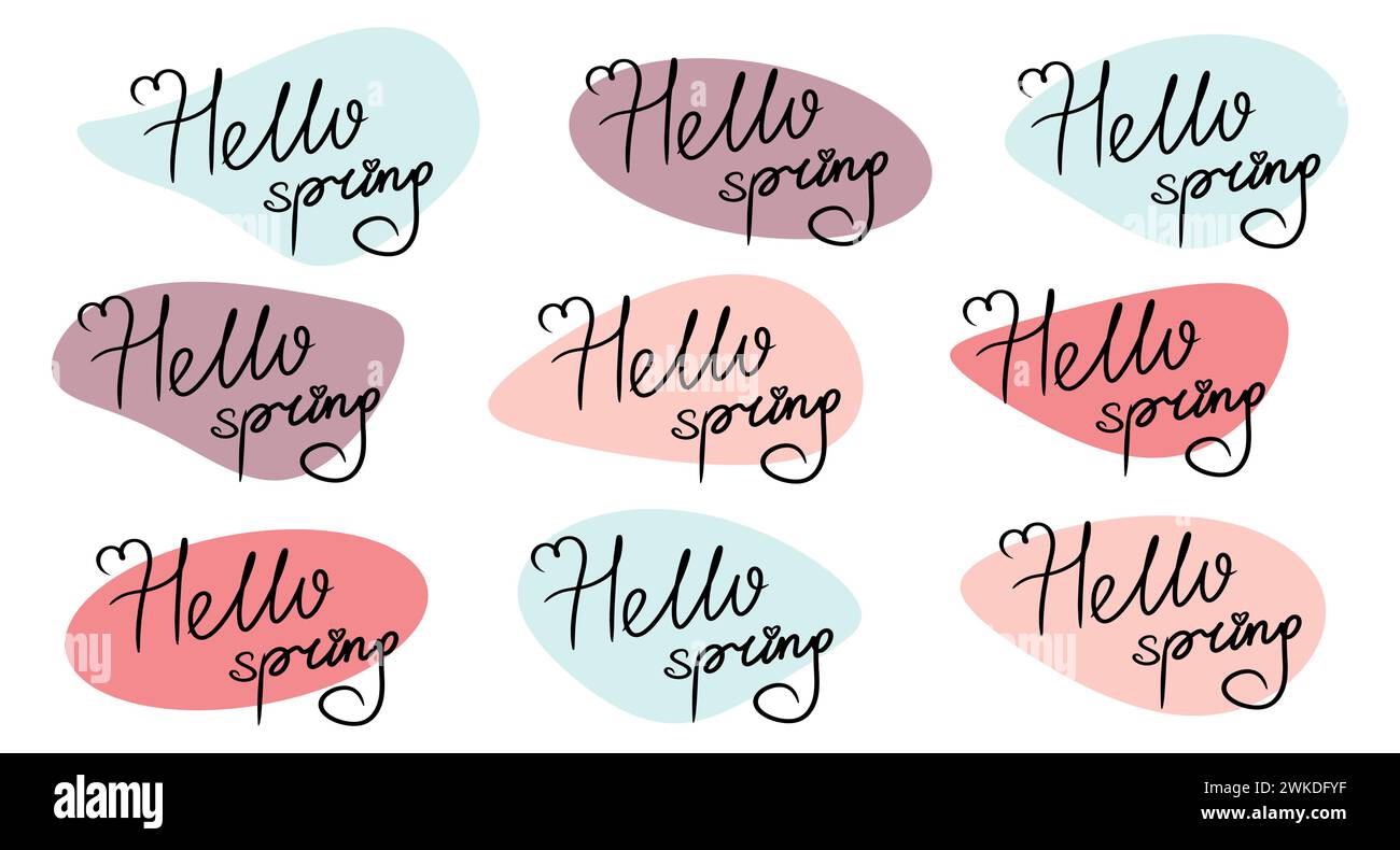Set di adesivi hello Spring sullo sfondo di forme astratte per cartoline e striscioni primaverili Illustrazione Vettoriale