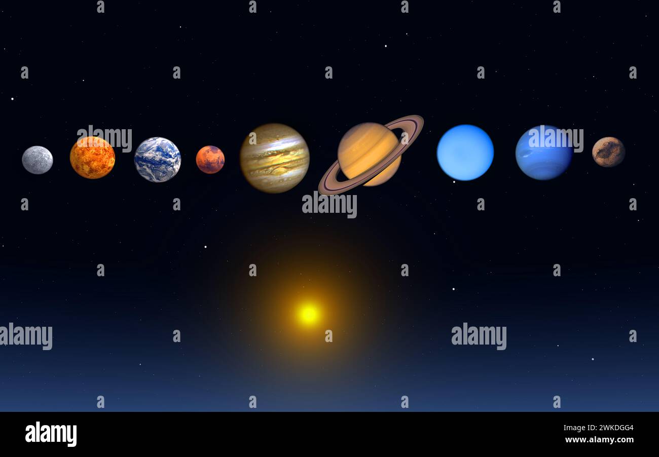 Il sistema solare Suns, incluso il pianeta Plutone Foto Stock
