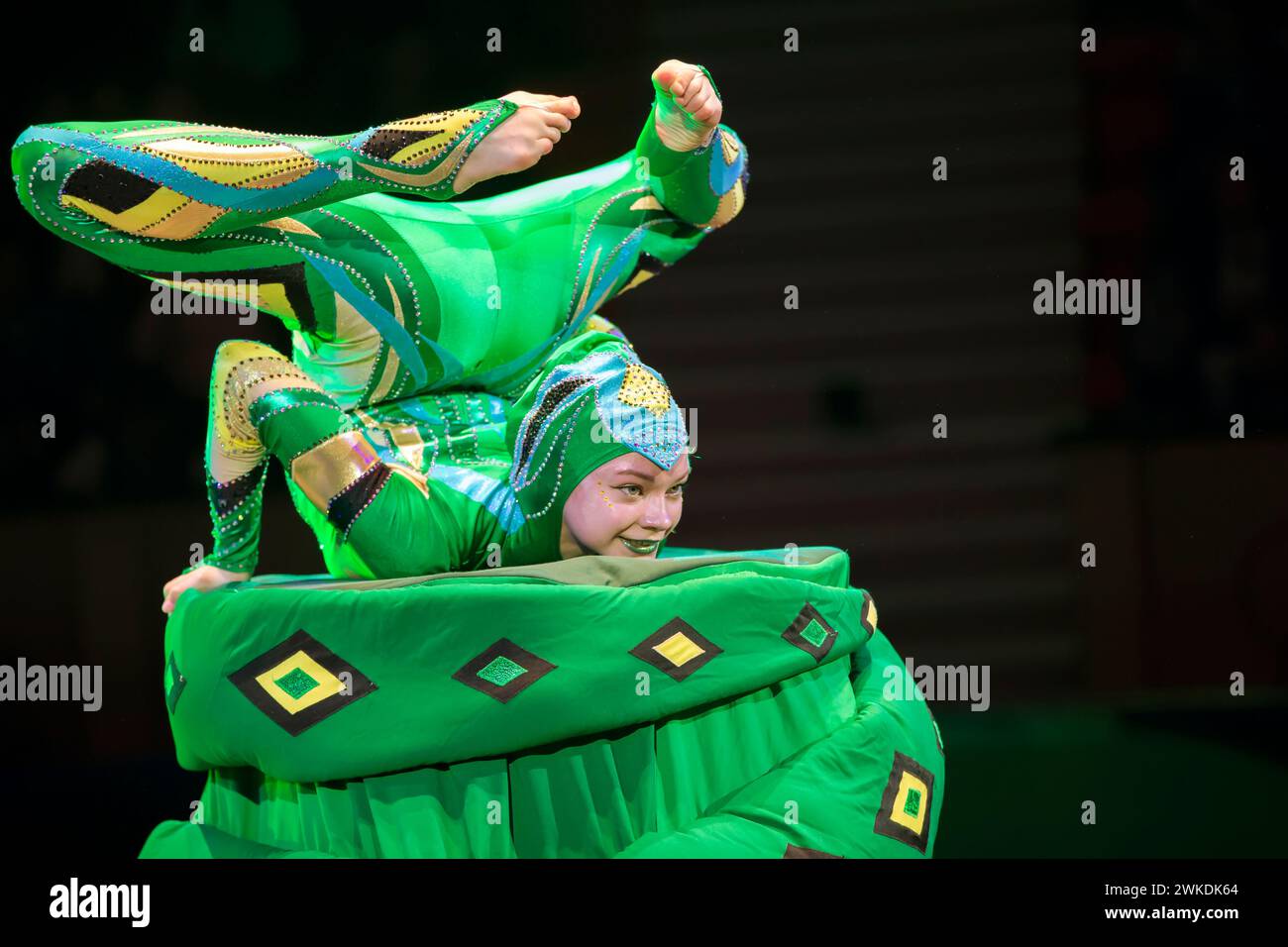 Bielorussia, Gomel, 1 aprile 2018. Gomel State Circus.Circus girl in costume da serpente. Un ginnasta con un corpo flessibile esegue un trucco difficile. Foto Stock