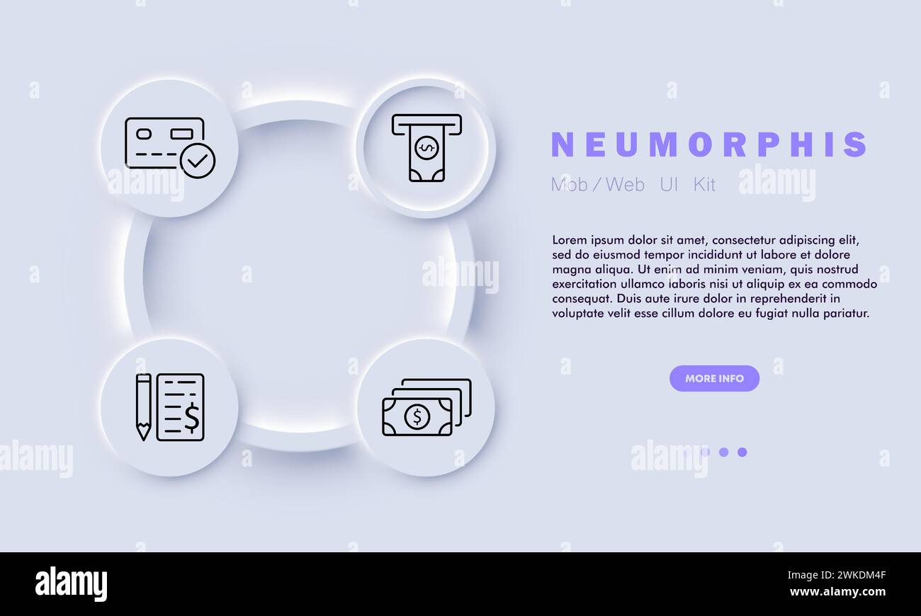 Icona della riga della valuta. Servizi bancari integrati, operazioni bancarie di base, soluzioni fintech, efficienza, trasparenza. Stile neomorfismo. Icona della linea vettoriale per Illustrazione Vettoriale