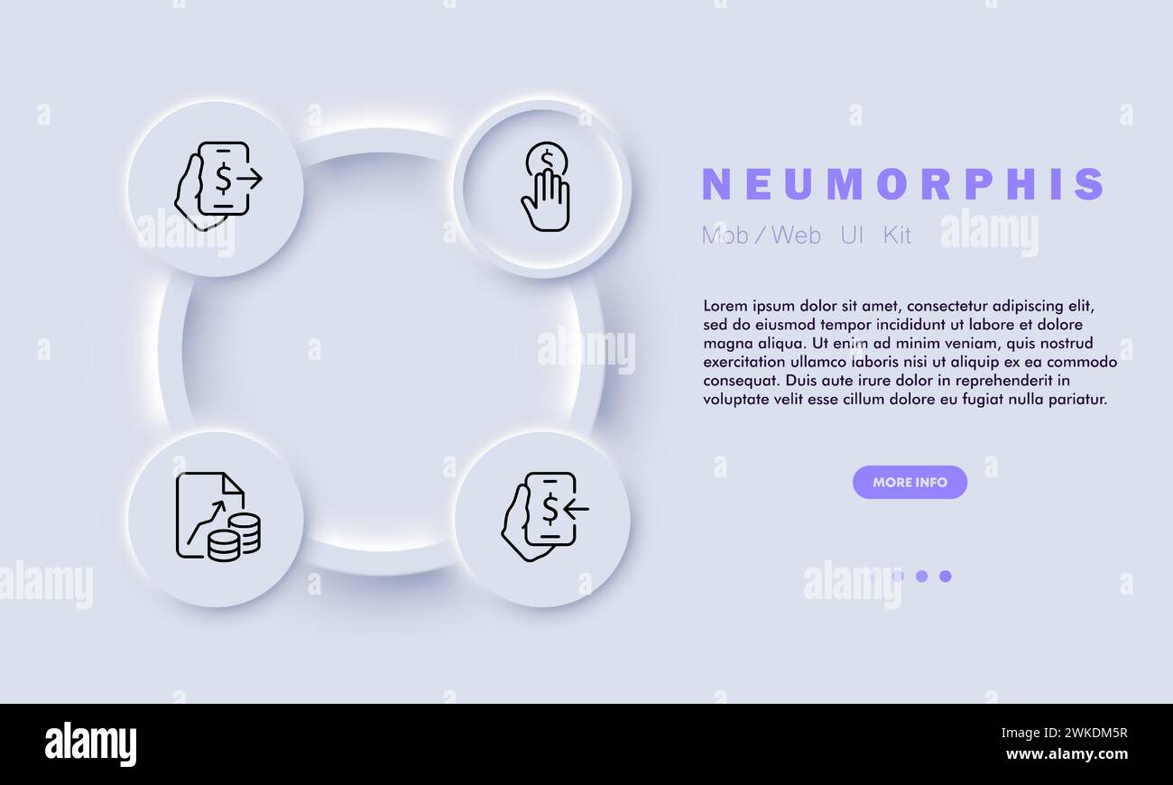 Icona della linea finanziaria. Risparmi, conto bancario, smartphone, app, imposte, moneta, soldi. Stile neomorfismo. Icona della linea vettoriale per aziende e pubblicità. Illustrazione Vettoriale