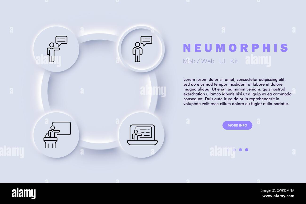 Icona della linea delle prestazioni. Comunicazione professionale, presentazione aziendale, idea, lavoro di squadra, laptop. Stile neomorfismo. Icona della linea vettoriale per l'azienda e Illustrazione Vettoriale