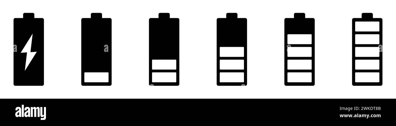 Icone di ricarica della batteria impostate. Simbolo del livello di carica della batteria. Indicatore del livello di carica della batteria nero. Illustrazione vettoriale. Illustrazione Vettoriale